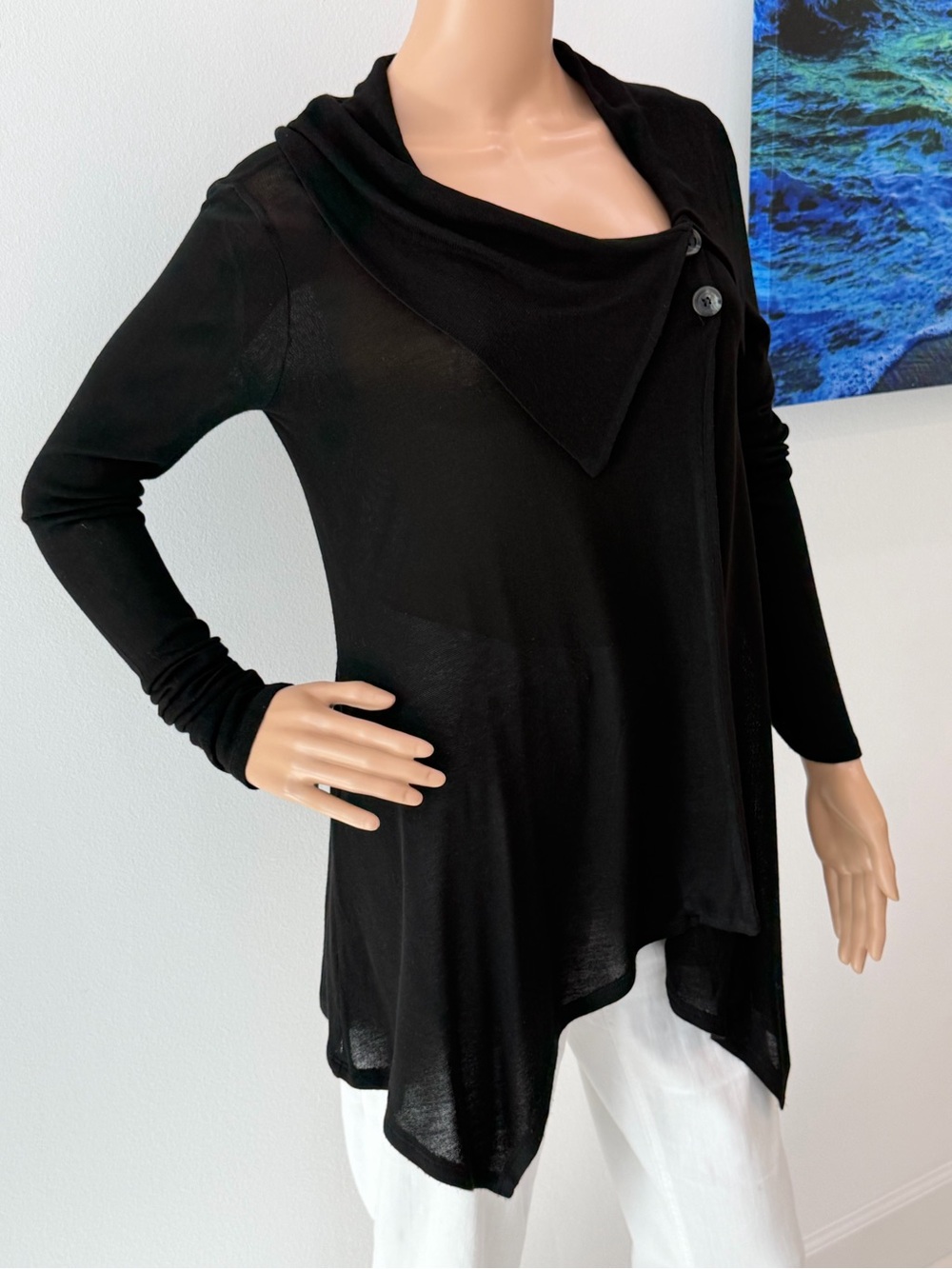 Gorgeous Ella Moss Black Asymmetric Cowl Neck Draped Button Top, Size S